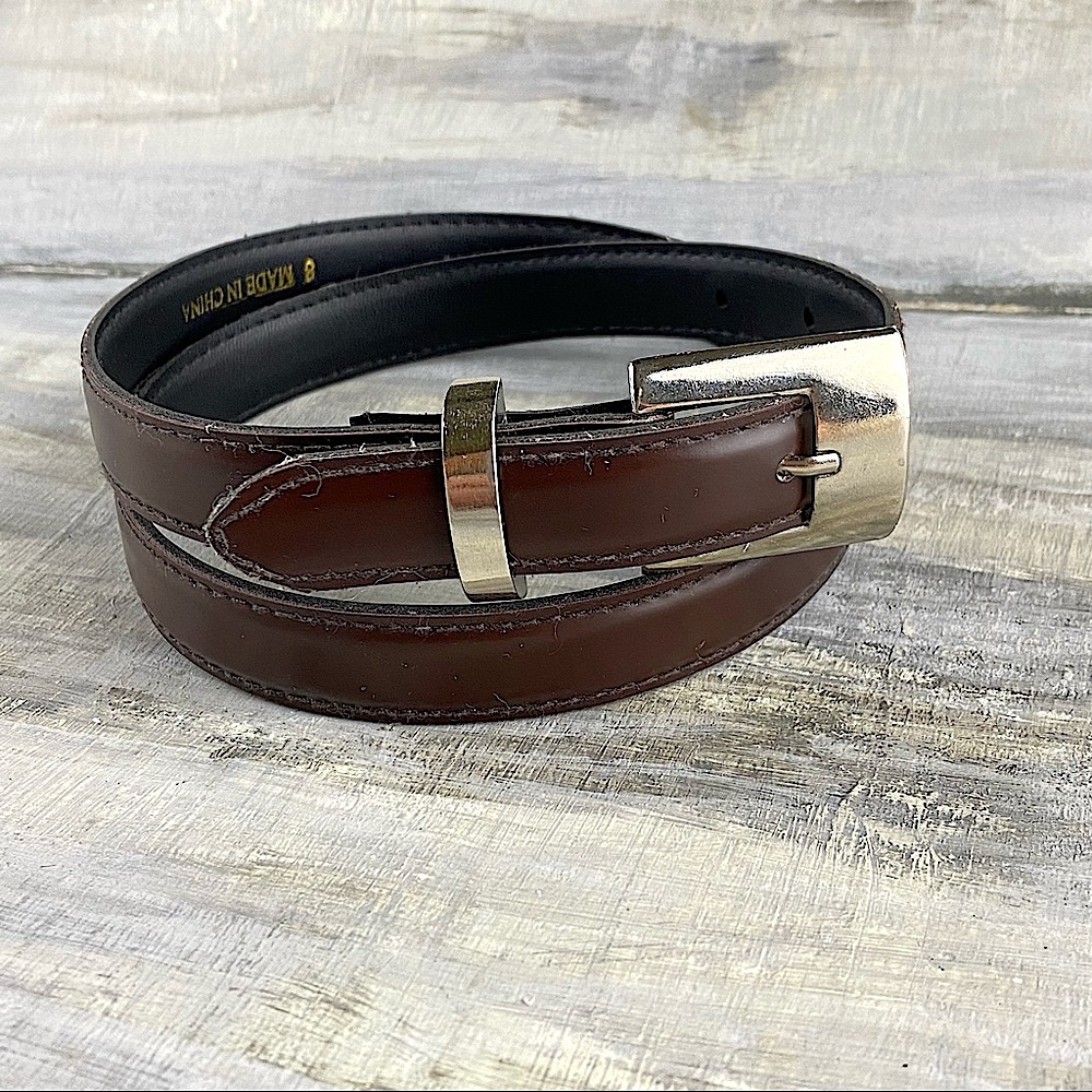 Brown Leather Skinny Belt Silver Rectangular Buckle S 28-32”